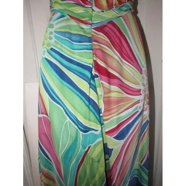David Meister Multi Colored Print Silk With A Rusched Strapless Top