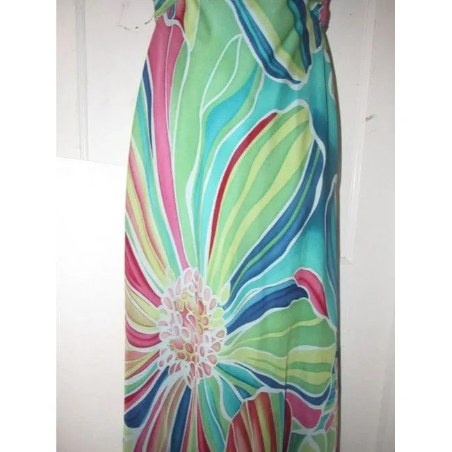 David Meister Multi Colored Print Silk With A Rusched Strapless Top