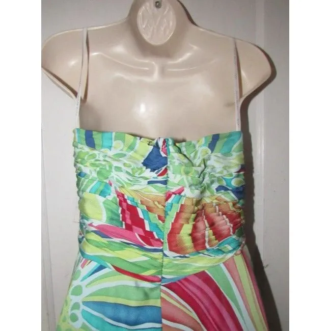 David Meister Multi Colored Print Silk With A Rusched Strapless Top
