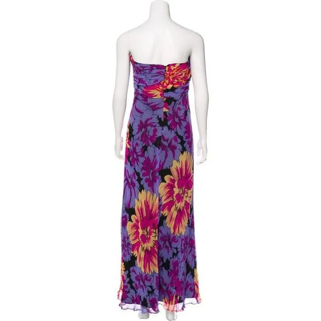 David Meister Multi Colored Print Silk With A Rusched Strapless Top