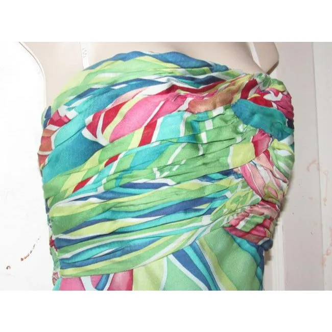 David Meister Multi Colored Print Silk With A Rusched Strapless Top