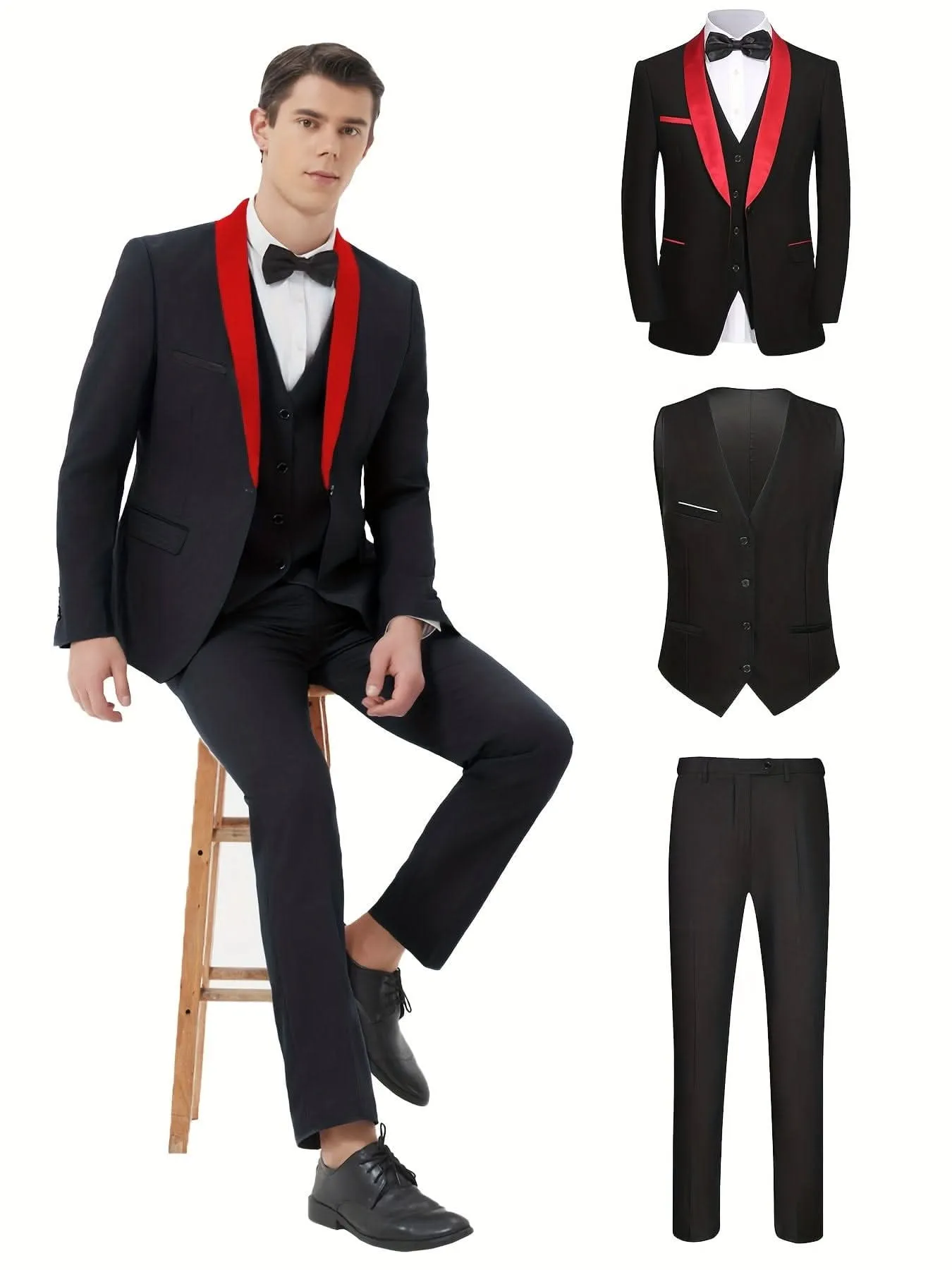 Elegant 3Piece Mens Tuxedo Set Jacket Vest Pants