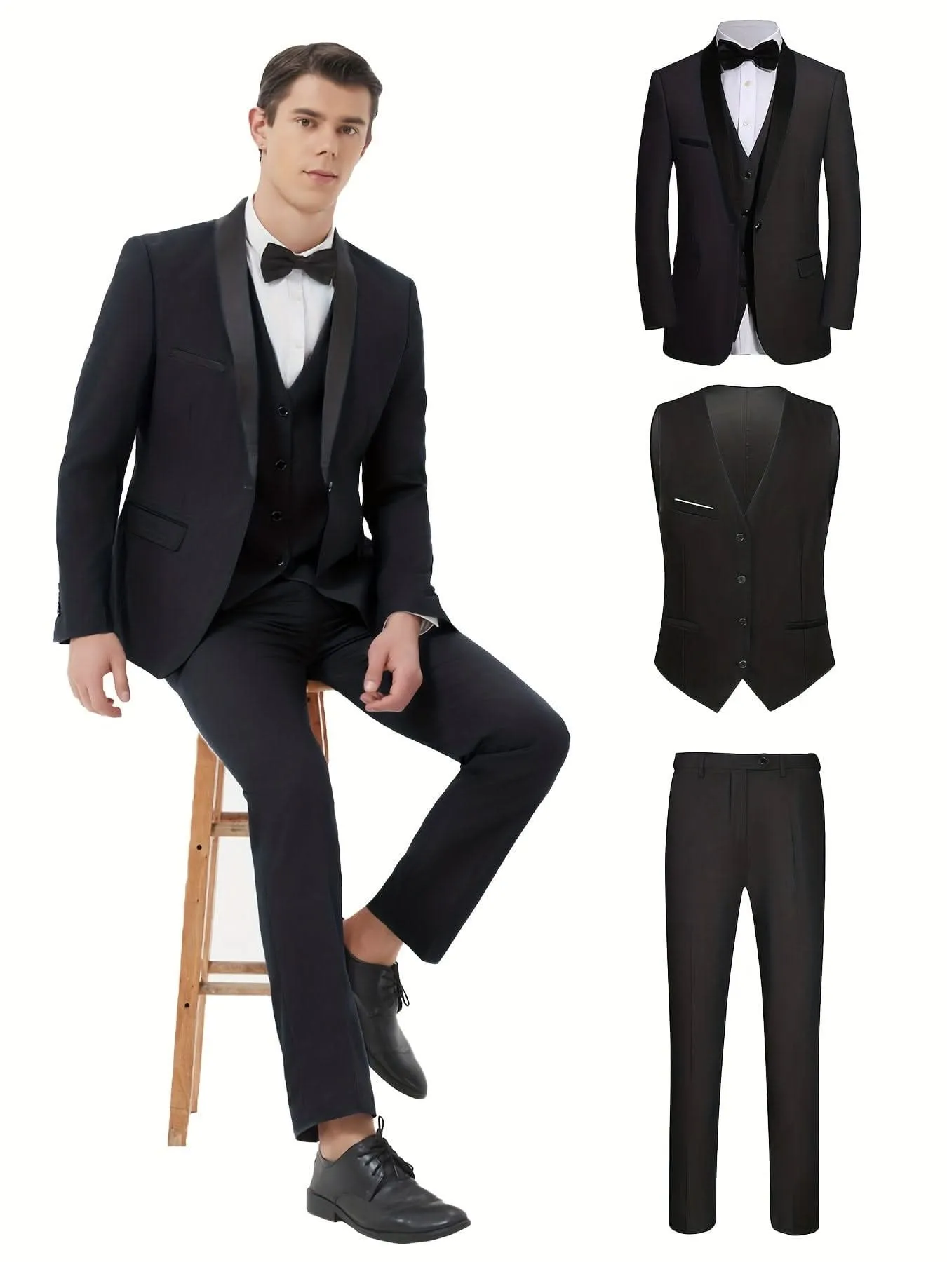 Elegant 3Piece Mens Tuxedo Set Jacket Vest Pants
