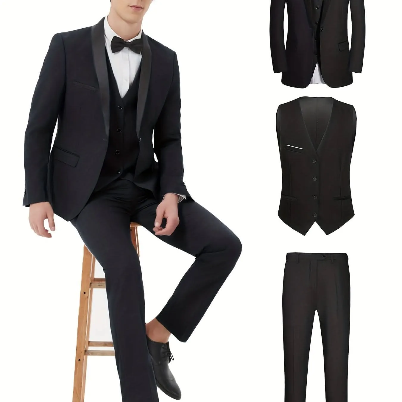 Elegant 3Piece Mens Tuxedo Set Jacket Vest Pants