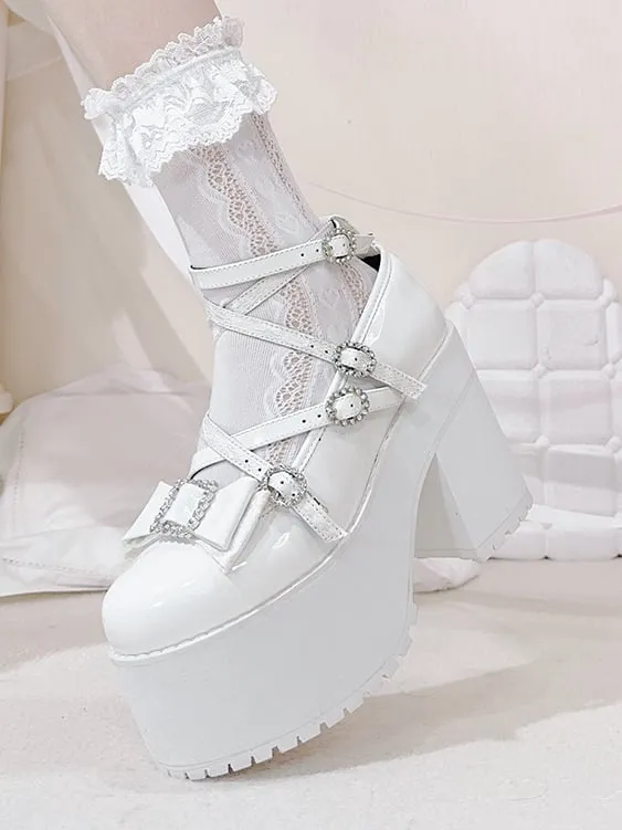 Polished White Jirai Kei Rhinestone Bowknot Landmine Style Platform Shoes