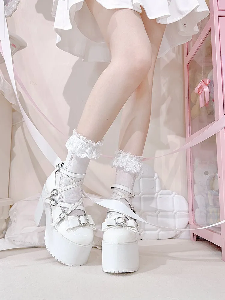Polished White Jirai Kei Rhinestone Bowknot Landmine Style Platform Shoes