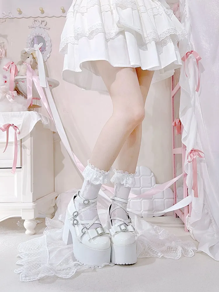 Polished White Jirai Kei Rhinestone Bowknot Landmine Style Platform Shoes