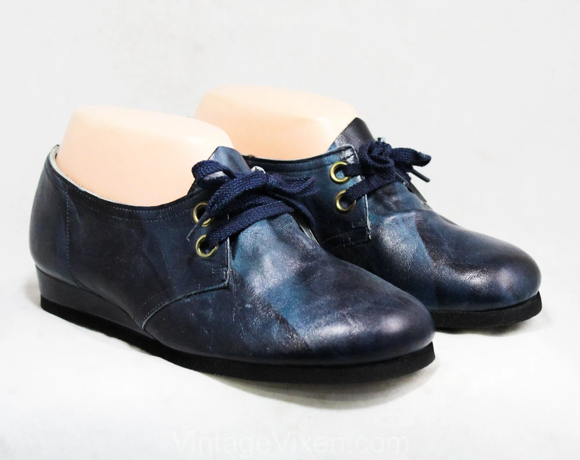 Size 3 Retro Blue 1960s Sneakers - Childrens Teens 60s 70s Shoes - Casual Leather Round Toe Tie Laces - Old School Deadstock - 50596