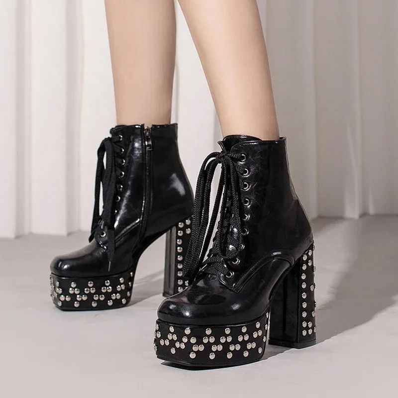 Trend4us Women's Luxury Studded Platform Lace-Up Ankle Boots